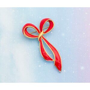 Vintage Red Ribbon Golden Accent Brooch | Gold Tone Brooch | Avon | J4